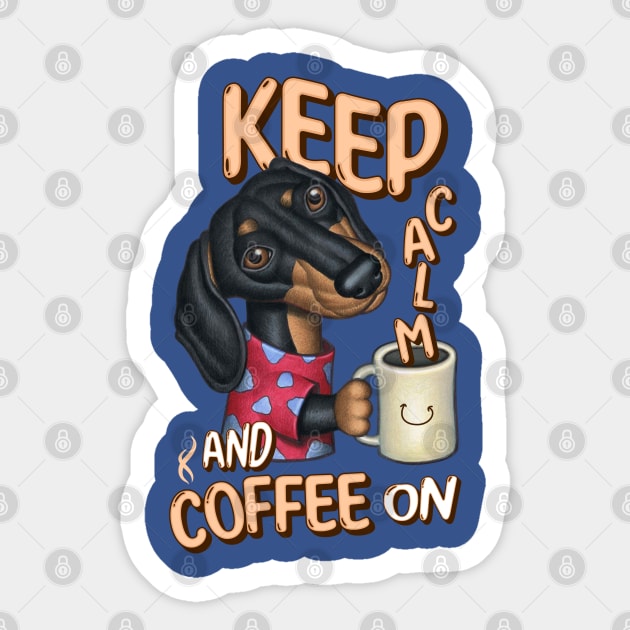 Funny and cute Doxie Dachshund fur baby dog keep calm with coffee Sticker by Danny Gordon Art